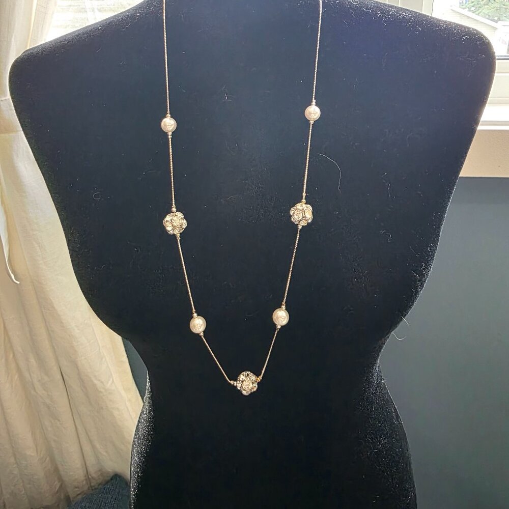 Pearl and Rhinestone Long Necklace